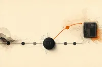 Dos caminos de silicio: uno avanza a paso constante, el otro salta un tramo y se funde en una forma rediseñada con un destello ámbar, metáfora del salto de Apple de M5 a M7.