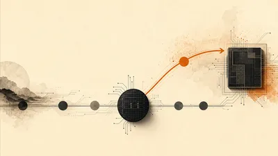 Dos caminos de silicio: uno avanza a paso constante, el otro salta un tramo y se funde en una forma rediseñada con un destello ámbar, metáfora del salto de Apple de M5 a M7.