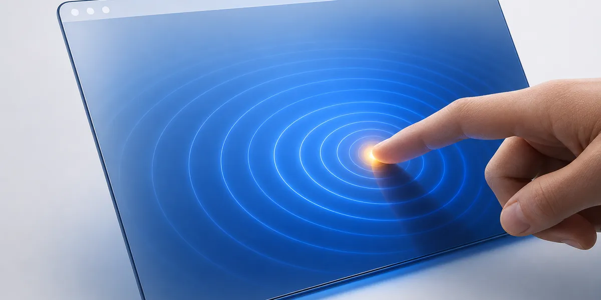 Un dedo toca una pantalla de cristal y genera ondas cobalto, con un destello ámbar en el punto de contacto