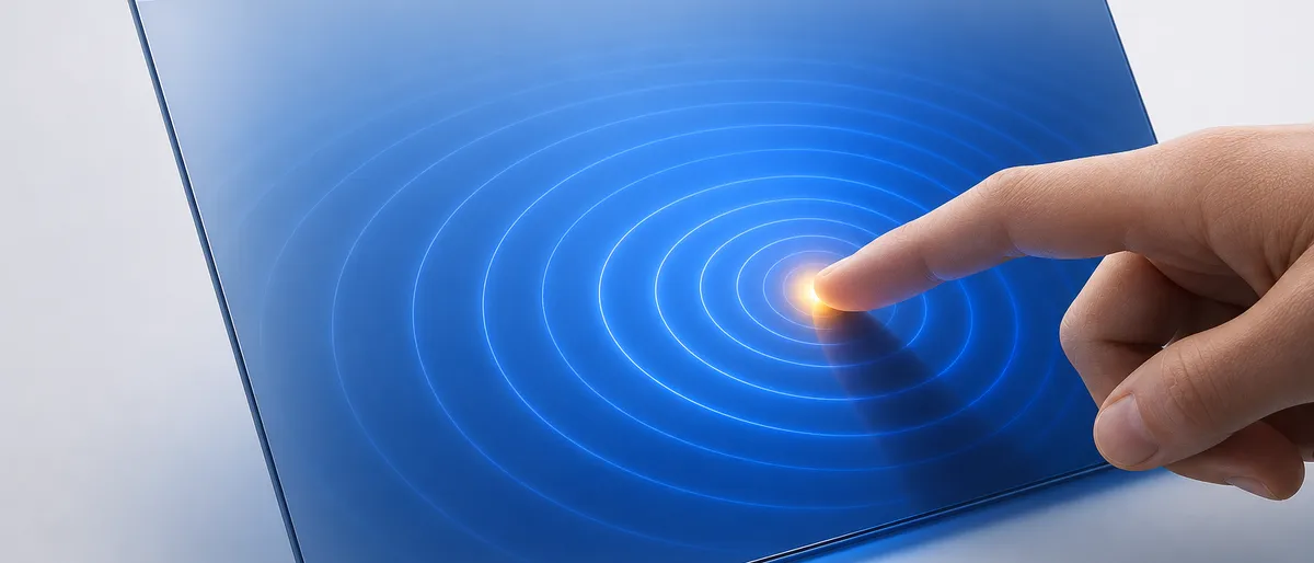 Un dedo toca una pantalla de cristal y genera ondas cobalto, con un destello ámbar en el punto de contacto