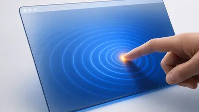 Un dedo toca una pantalla de cristal y genera ondas cobalto, con un destello ámbar en el punto de contacto