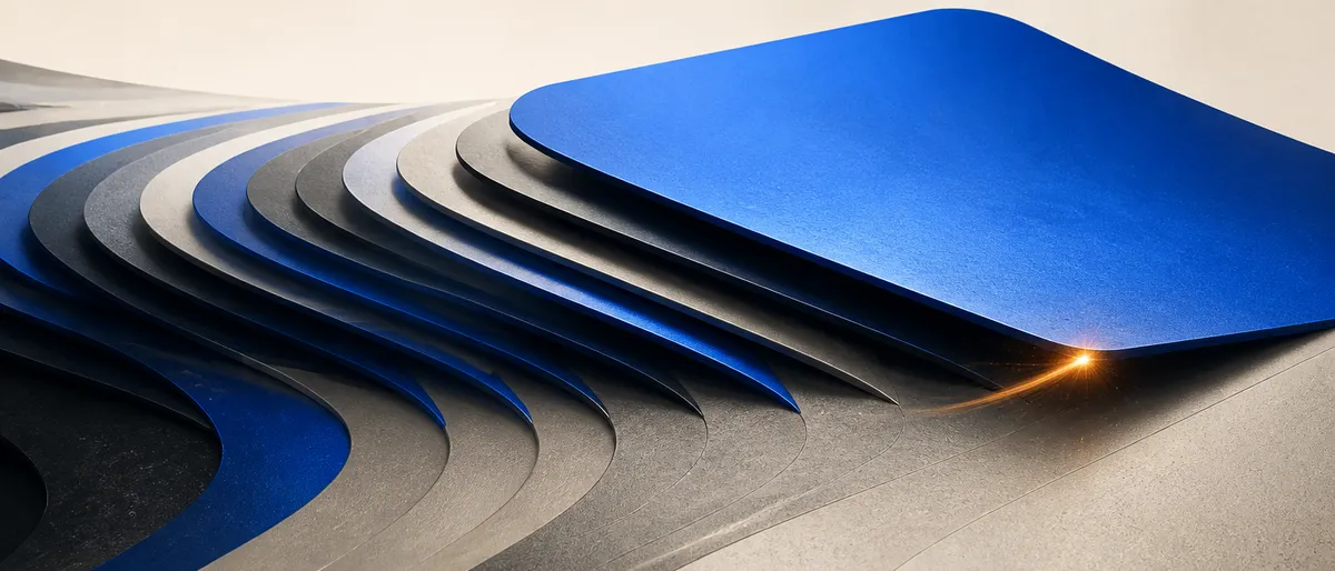 Placas protectoras superpuestas en sucesión rápida sobre una superficie, la más reciente aún asentándose, en tonos cobalto y gris con una chispa ámbar.