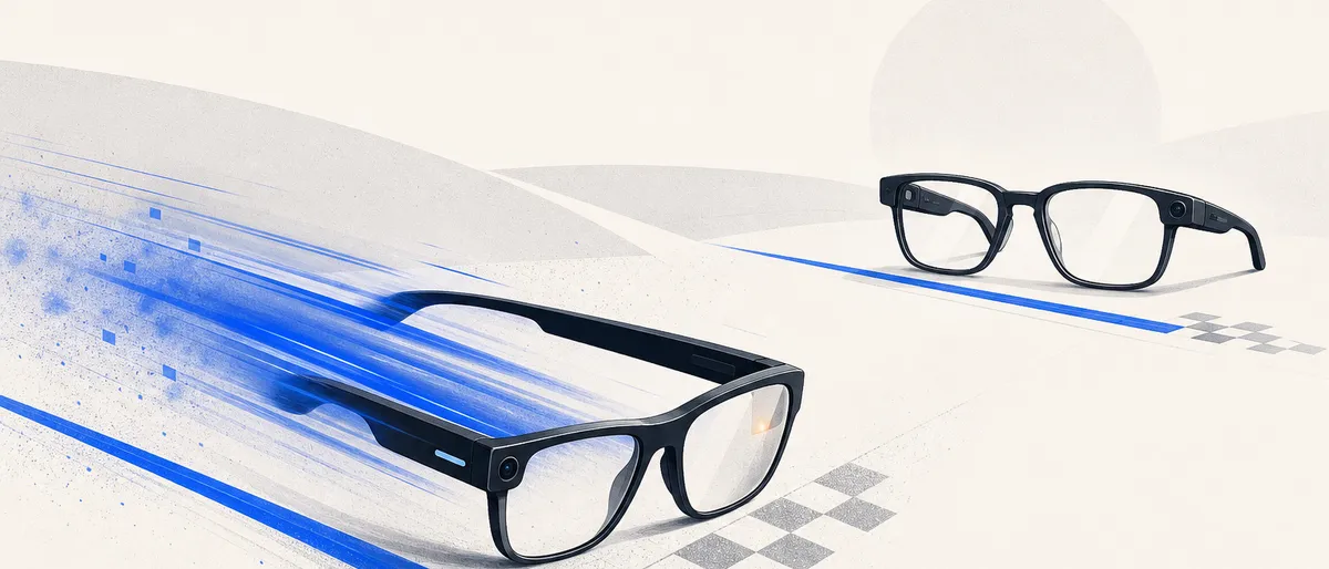 Dos pares de gafas en una línea de salida: uno acelera dejando estelas, el otro espera detrás de una marca más adelante en el tiempo