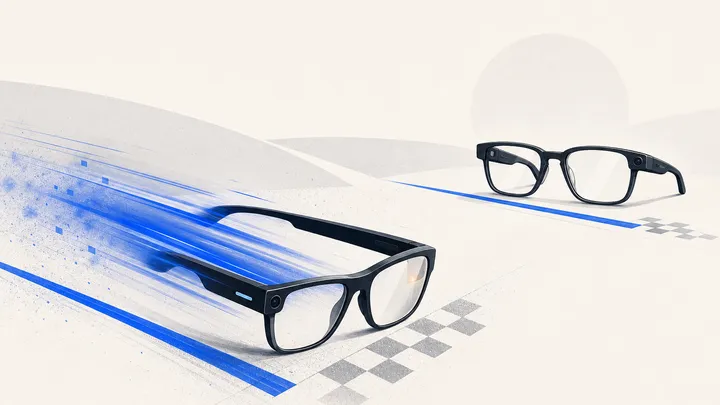 Dos pares de gafas en una línea de salida: uno acelera dejando estelas, el otro espera detrás de una marca más adelante en el tiempo