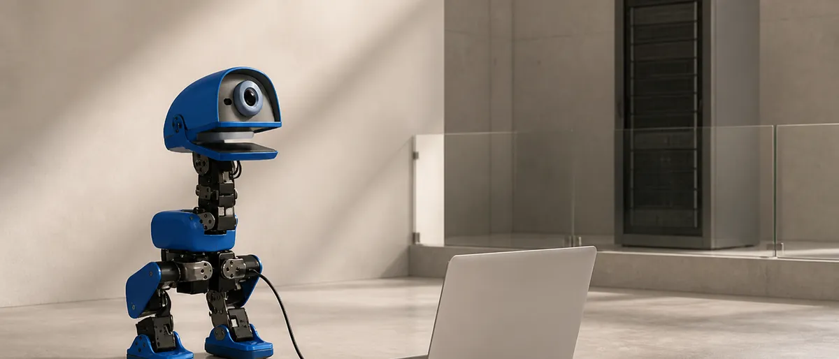Un pequeño robot bípedo azul de un ojo y pico plano, unido por un cable corto a un portátil plateado abierto, mientras al fondo un armario de servidores queda tras una mampara de vidrio que ningún cable cruza.