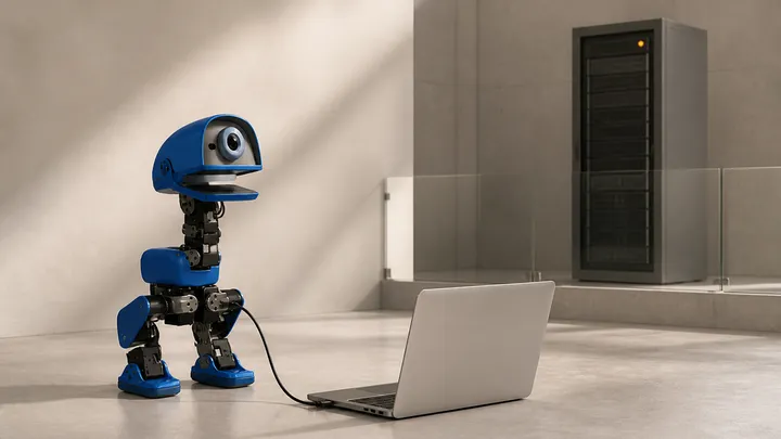 Un pequeño robot bípedo azul de un ojo y pico plano, unido por un cable corto a un portátil plateado abierto, mientras al fondo un armario de servidores queda tras una mampara de vidrio que ningún cable cruza.