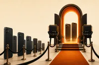 Ilustración editorial: una fila escalonada donde los teléfonos más nuevos pasan una barrera luminosa mientras los anteriores esperan detrás; chips de memoria actúan como guardias de acceso.