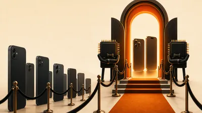 Ilustración editorial: una fila escalonada donde los teléfonos más nuevos pasan una barrera luminosa mientras los anteriores esperan detrás; chips de memoria actúan como guardias de acceso.