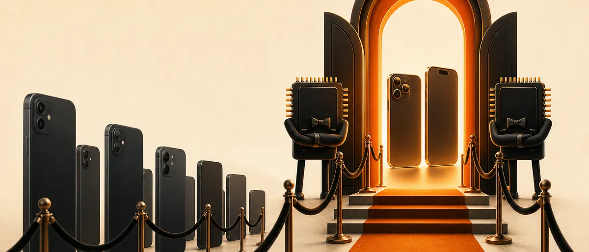 Ilustración editorial: una fila escalonada donde los teléfonos más nuevos pasan una barrera luminosa mientras los anteriores esperan detrás; chips de memoria actúan como guardias de acceso.