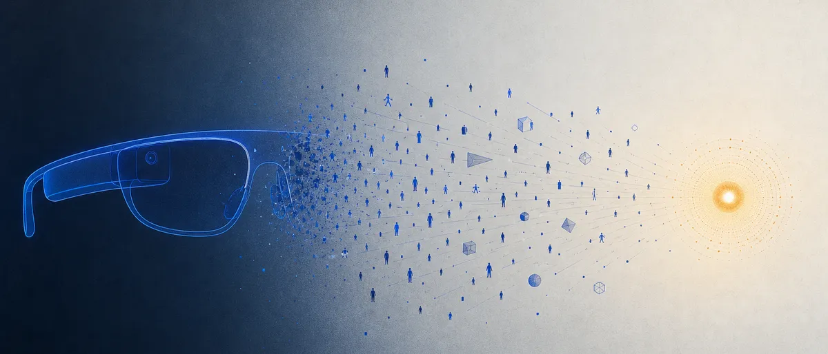 Silueta de unas gafas inteligentes en azul cobalto que se deshace en partículas que migran hacia un nodo ámbar.
