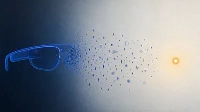 Silueta de unas gafas inteligentes en azul cobalto que se deshace en partículas que migran hacia un nodo ámbar.
