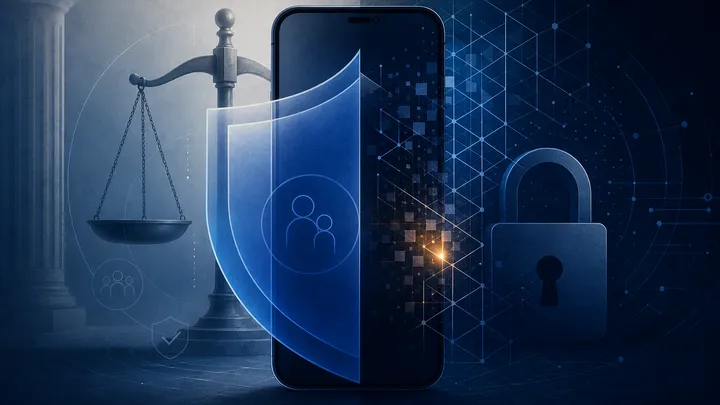 Ilustración editorial de un smartphone protegido por un escudo, con una balanza de la justicia a un lado y un candado de cifrado al otro.