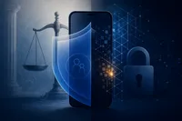 Ilustración editorial de un smartphone protegido por un escudo, con una balanza de la justicia a un lado y un candado de cifrado al otro.
