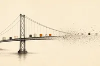 Ilustración editorial en tinta: un puente colgante dibujado a línea fina se disuelve en partículas hacia un extremo, mientras pequeños bloques —algunos en ámbar— lo cruzan; los últimos quedan en el lado que desaparece.