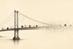 Ilustración editorial en tinta: un puente colgante dibujado a línea fina se disuelve en partículas hacia un extremo, mientras pequeños bloques —algunos en ámbar— lo cruzan; los últimos quedan en el lado que desaparece.