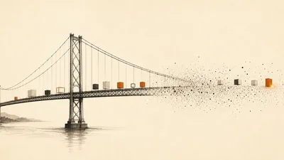 Ilustración editorial en tinta: un puente colgante dibujado a línea fina se disuelve en partículas hacia un extremo, mientras pequeños bloques —algunos en ámbar— lo cruzan; los últimos quedan en el lado que desaparece.