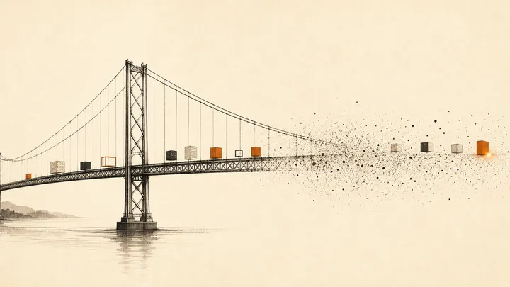 Ilustración editorial en tinta: un puente colgante dibujado a línea fina se disuelve en partículas hacia un extremo, mientras pequeños bloques —algunos en ámbar— lo cruzan; los últimos quedan en el lado que desaparece.