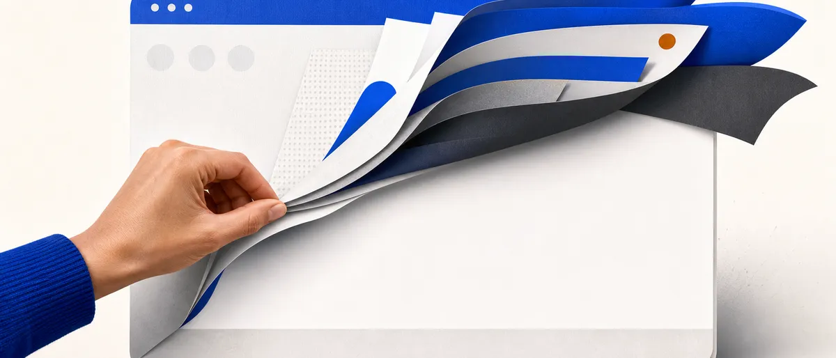 Ilustración editorial de una mano despegando capas de banners y avisos superpuestos sobre la ventana de un navegador, como si fueran hojas de papel
