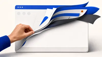 Ilustración editorial de una mano despegando capas de banners y avisos superpuestos sobre la ventana de un navegador, como si fueran hojas de papel