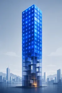 Ilustración de una torre formada por iconos de apps brillantes en azul cobalto, con la base translúcida y hueca.