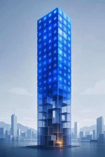 Ilustración de una torre formada por iconos de apps brillantes en azul cobalto, con la base translúcida y hueca.
