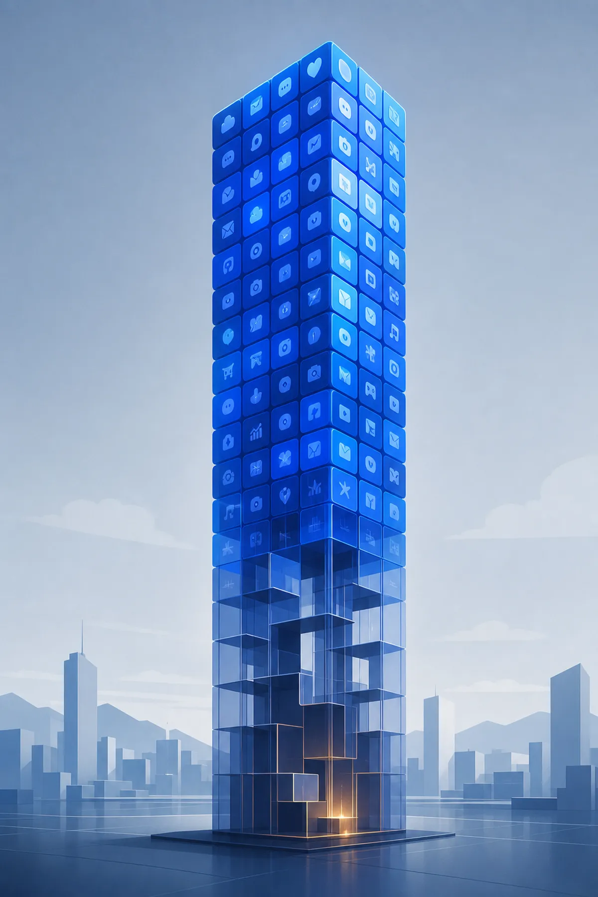 Ilustración de una torre formada por iconos de apps brillantes en azul cobalto, con la base translúcida y hueca.