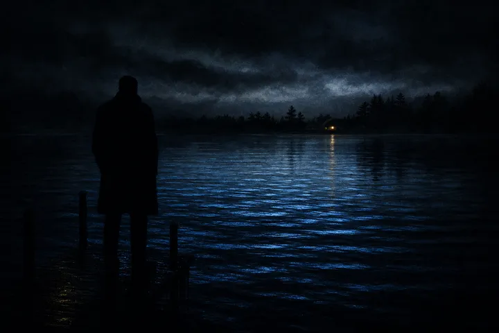 Ilustración nocturna de una silueta solitaria frente a un agua oscura y agitada, con una luz ámbar lejana.