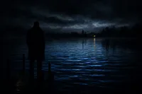 Ilustración nocturna de una silueta solitaria frente a un agua oscura y agitada, con una luz ámbar lejana.