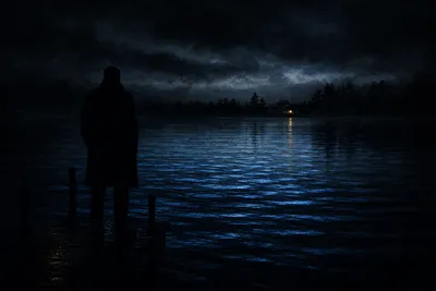 Ilustración nocturna de una silueta solitaria frente a un agua oscura y agitada, con una luz ámbar lejana.