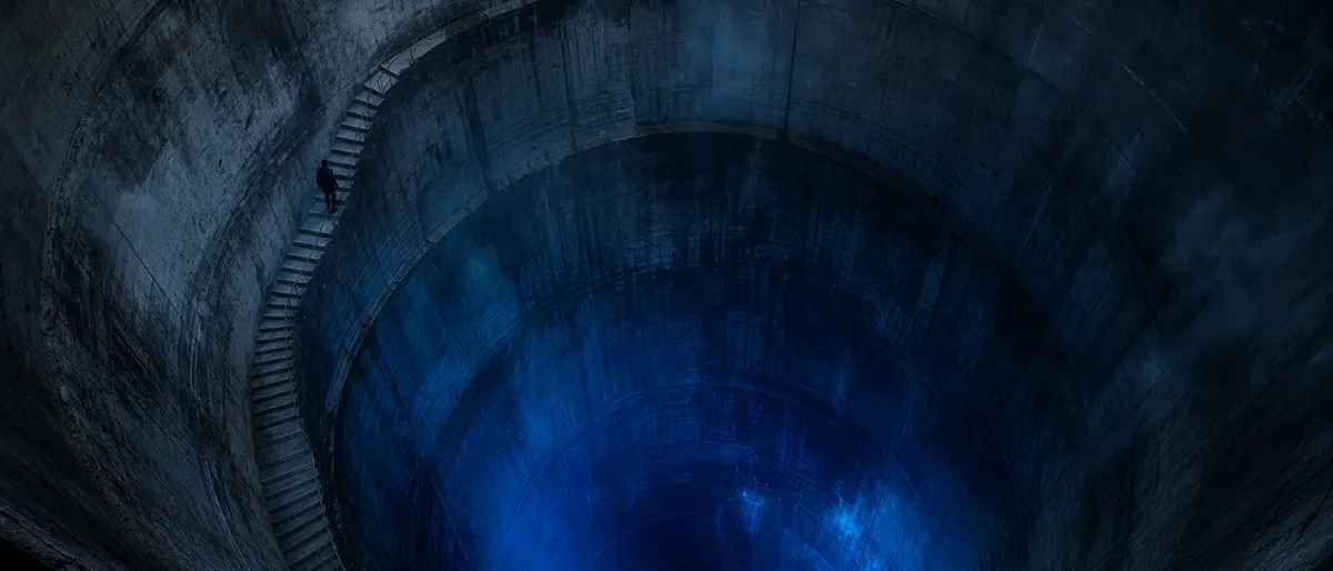 Vista hacia el fondo de un colosal silo cilíndrico de concreto que desciende a la oscuridad, con una figura diminuta en una escalera.