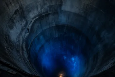 Vista hacia el fondo de un colosal silo cilíndrico de concreto que desciende a la oscuridad, con una figura diminuta en una escalera.