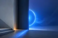 Esfera de luz cobalto emergiendo de un umbral entreabierto, con una chispa ámbar en el borde, sobre un fondo de neutros fríos.
