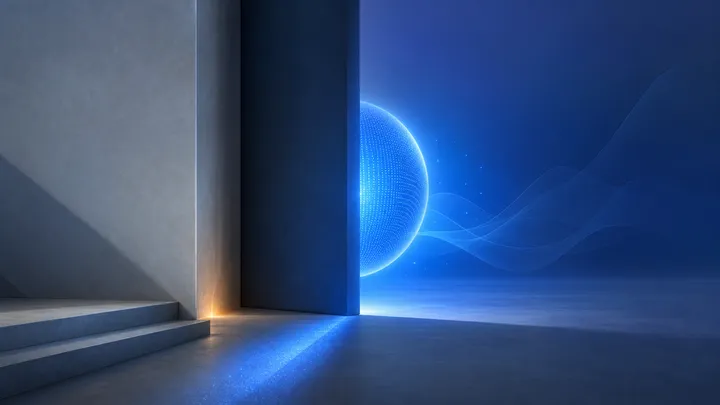 Esfera de luz cobalto emergiendo de un umbral entreabierto, con una chispa ámbar en el borde, sobre un fondo de neutros fríos.