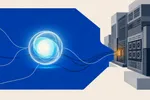 Esfera luminosa estilo Siri conectada por cables a un rack de servidores ajeno, con un punto de luz ámbar en la conexión.