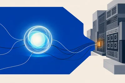 Esfera luminosa estilo Siri conectada por cables a un rack de servidores ajeno, con un punto de luz ámbar en la conexión.