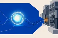Esfera luminosa estilo Siri conectada por cables a un rack de servidores ajeno, con un punto de luz ámbar en la conexión.
