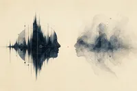 Ilustración editorial abstracta: dos perfiles formados por ondas de voz en tinta oscura se miran frente a frente; uno nítido y geométrico, el otro difuso como humo; entre ambos, un espacio vacío con un único punto ámbar.