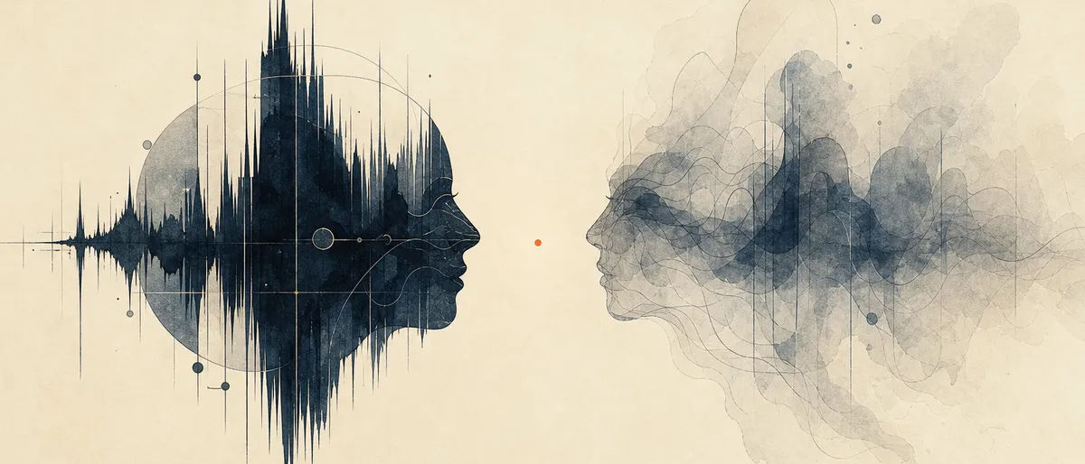 Ilustración editorial abstracta: dos perfiles formados por ondas de voz en tinta oscura se miran frente a frente; uno nítido y geométrico, el otro difuso como humo; entre ambos, un espacio vacío con un único punto ámbar.