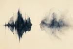 Ilustración editorial abstracta: dos perfiles formados por ondas de voz en tinta oscura se miran frente a frente; uno nítido y geométrico, el otro difuso como humo; entre ambos, un espacio vacío con un único punto ámbar.