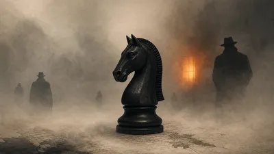 Ilustración editorial de un caballo de ajedrez envuelto en niebla y siluetas de espías, en paleta cobalto con una chispa ámbar