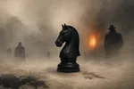 Ilustración editorial de un caballo de ajedrez envuelto en niebla y siluetas de espías, en paleta cobalto con una chispa ámbar