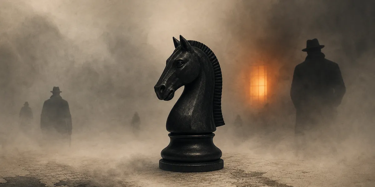 Ilustración editorial de un caballo de ajedrez envuelto en niebla y siluetas de espías, en paleta cobalto con una chispa ámbar