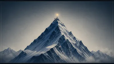 Cima nevada estilo Everest en azul cobalto con un escalador diminuto y una luz ámbar en la cumbre, enmarcada como una película.