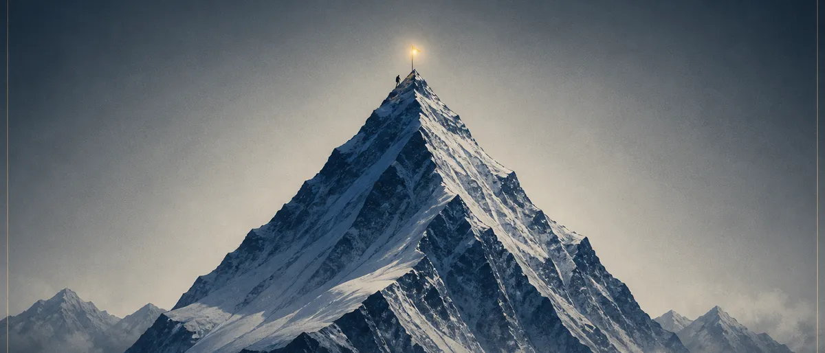 Cima nevada estilo Everest en azul cobalto con un escalador diminuto y una luz ámbar en la cumbre, enmarcada como una película.