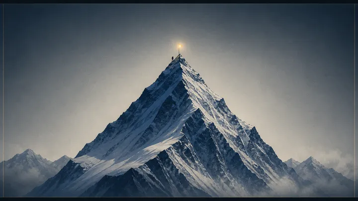 Cima nevada estilo Everest en azul cobalto con un escalador diminuto y una luz ámbar en la cumbre, enmarcada como una película.