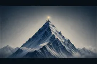 Cima nevada estilo Everest en azul cobalto con un escalador diminuto y una luz ámbar en la cumbre, enmarcada como una película.