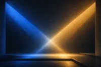 Dos haces de luz que se cruzan sobre un escenario en penumbra: uno cobalto que se atenúa, otro ámbar que asciende, sin figuras ni rostros.