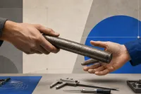 Dos manos intercambiando un bastón de metal grabado sobre un banco de trabajo con calibradores, compases y un plano técnico