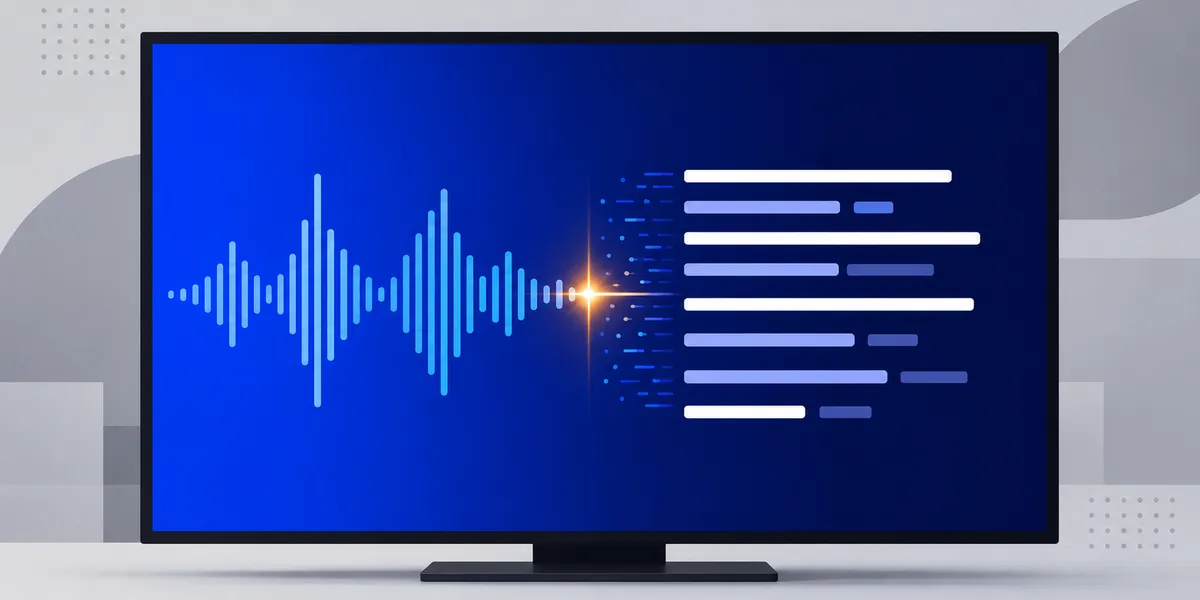 Ilustración abstracta de ondas de audio convirtiéndose en líneas de subtítulos dentro de una pantalla, en tonos cobalto con un acento ámbar.