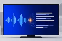 Ilustración abstracta de ondas de audio convirtiéndose en líneas de subtítulos dentro de una pantalla, en tonos cobalto con un acento ámbar.